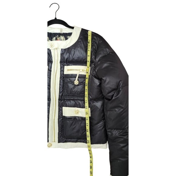 Y2k Twisted Heart Black White Trim Puffer Jacket Gold Button Zip Pockets - Picture 8 of 11